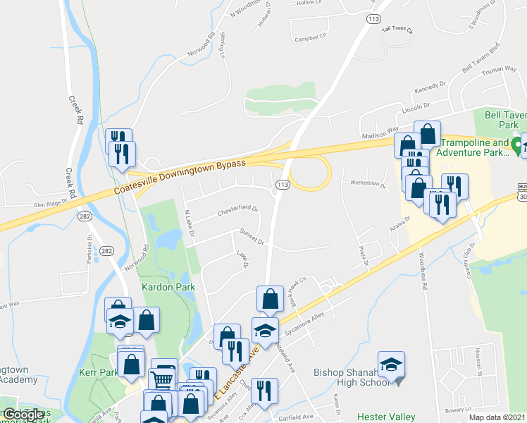 map of restaurants, bars, coffee shops, grocery stores, and more near 433 Chesterfield Drive in Downingtown