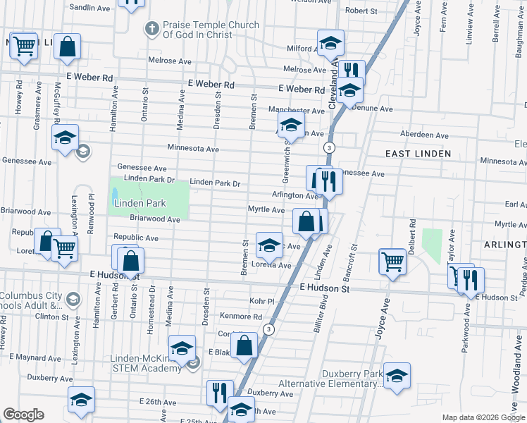 map of restaurants, bars, coffee shops, grocery stores, and more near 1533 Myrtle Avenue in Columbus