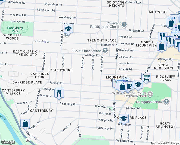 map of restaurants, bars, coffee shops, grocery stores, and more near 3019 Avalon Road in Columbus