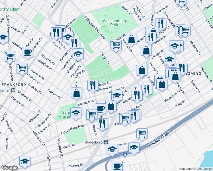 map of restaurants, bars, coffee shops, grocery stores, and more near 5267 Cottage Street in Philadelphia