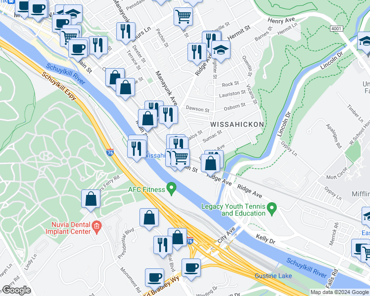 map of restaurants, bars, coffee shops, grocery stores, and more near 111 Sumac Street in Philadelphia