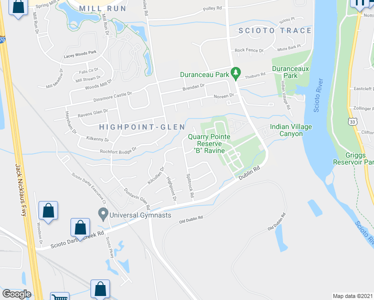 map of restaurants, bars, coffee shops, grocery stores, and more near 3084 Splitrock Road in Columbus