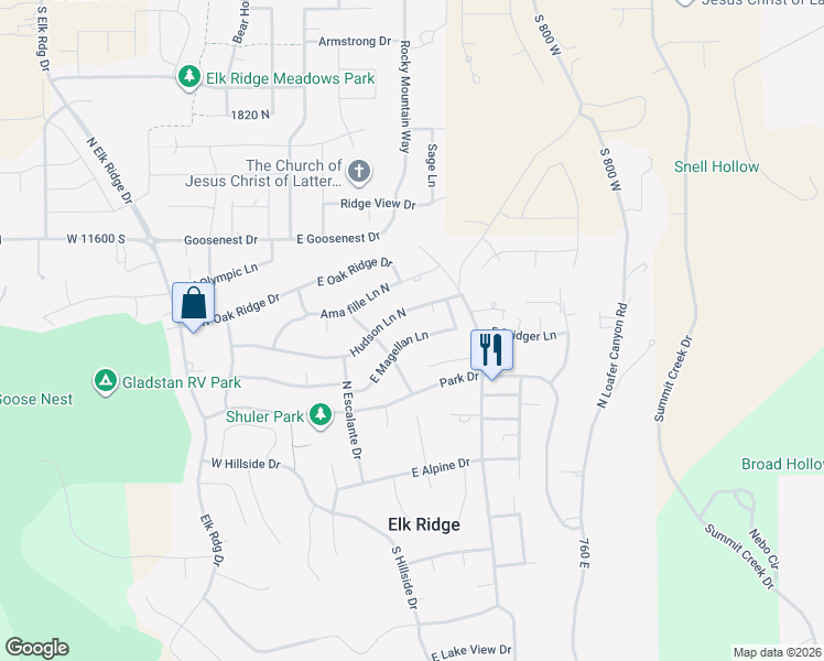map of restaurants, bars, coffee shops, grocery stores, and more near 339 East Magellan Lane in Elk Ridge