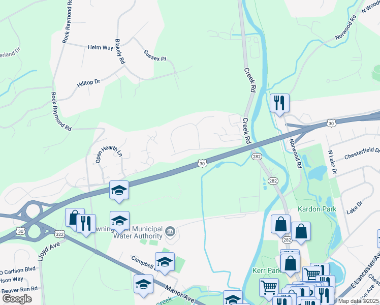 map of restaurants, bars, coffee shops, grocery stores, and more near 104 Glen Ridge Drive in Downingtown