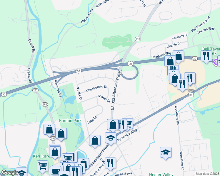 map of restaurants, bars, coffee shops, grocery stores, and more near 433 Chesterfield Drive in Downingtown