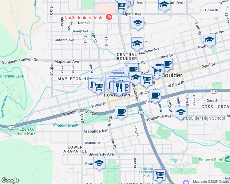map of restaurants, bars, coffee shops, grocery stores, and more near in Boulder