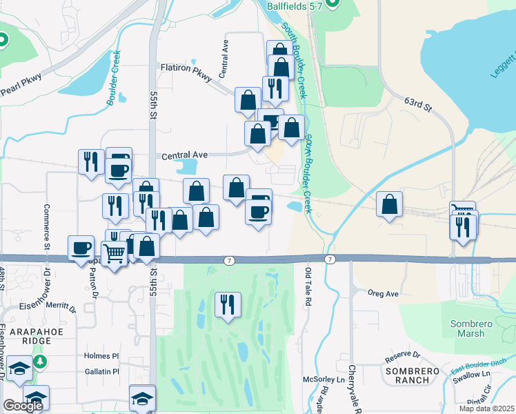 map of restaurants, bars, coffee shops, grocery stores, and more near 5757 Arapahoe Avenue in Boulder