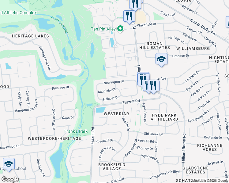 map of restaurants, bars, coffee shops, grocery stores, and more near 5733 Middleby Drive in Hilliard