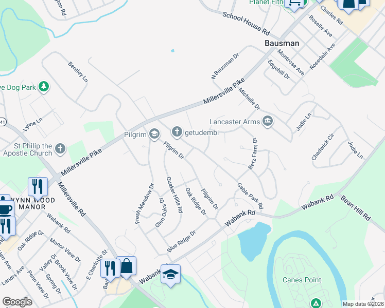 map of restaurants, bars, coffee shops, grocery stores, and more near 1902 Friends Lane in Lancaster