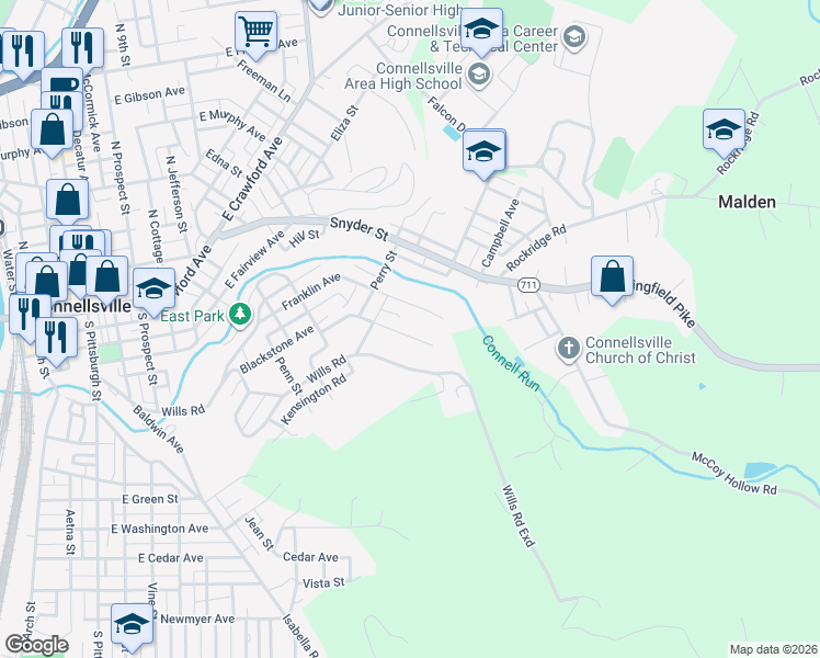 map of restaurants, bars, coffee shops, grocery stores, and more near 1101 Blackstone Avenue in Connellsville