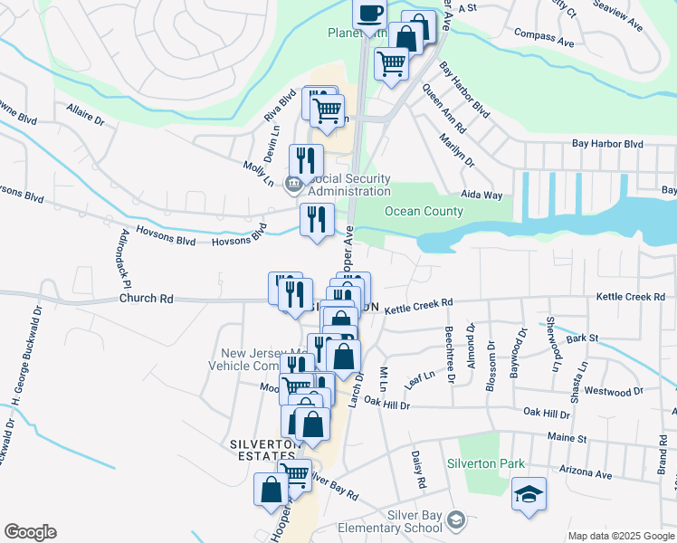 map of restaurants, bars, coffee shops, grocery stores, and more near 1910-1922 Hooper Avenue in Toms River