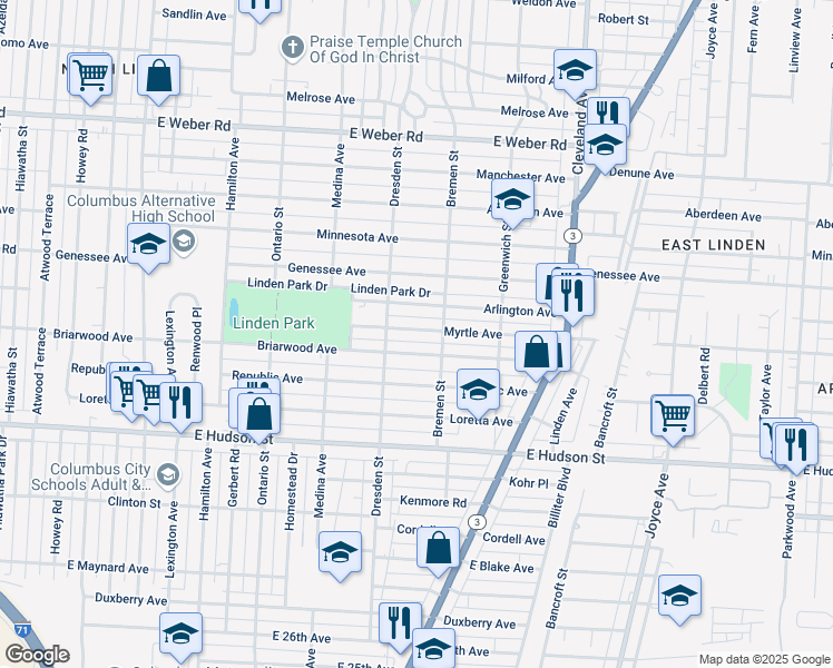 map of restaurants, bars, coffee shops, grocery stores, and more near 1481 Myrtle Avenue in Columbus