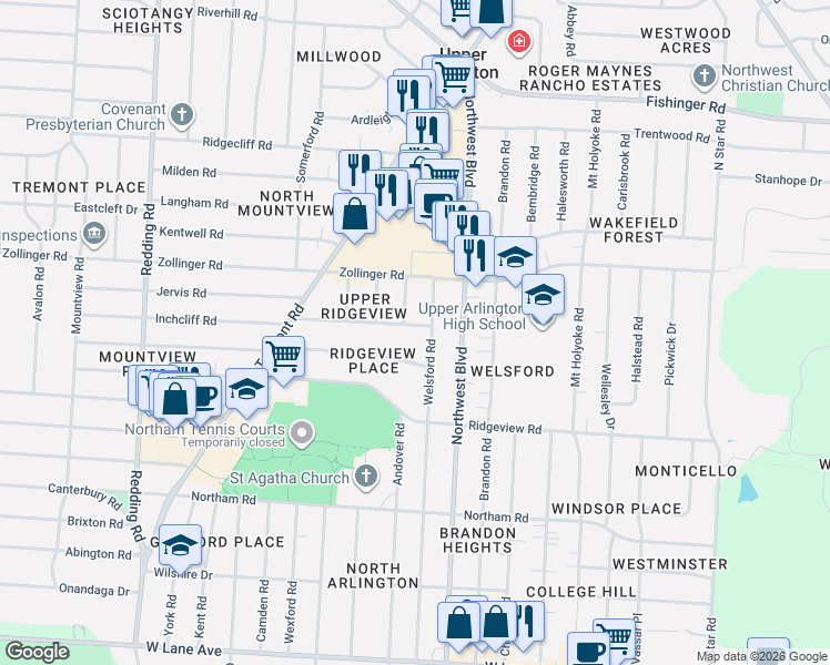 map of restaurants, bars, coffee shops, grocery stores, and more near 1767 Inchcliff Road in Columbus