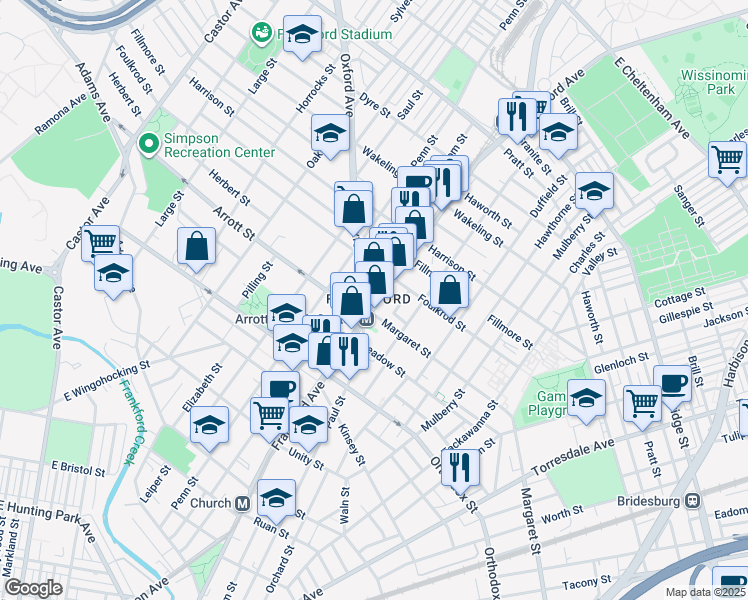 map of restaurants, bars, coffee shops, grocery stores, and more near 4728 Frankford Avenue in Philadelphia