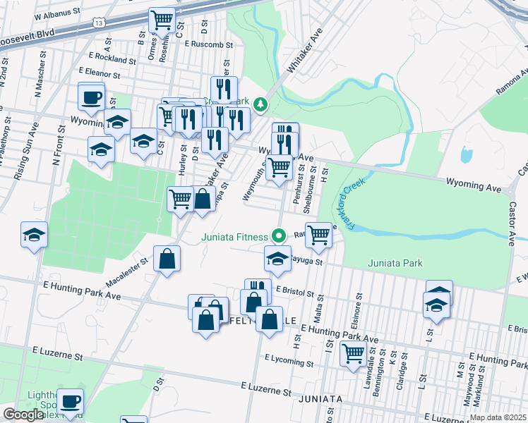 map of restaurants, bars, coffee shops, grocery stores, and more near 640 East Annsbury Street in Philadelphia