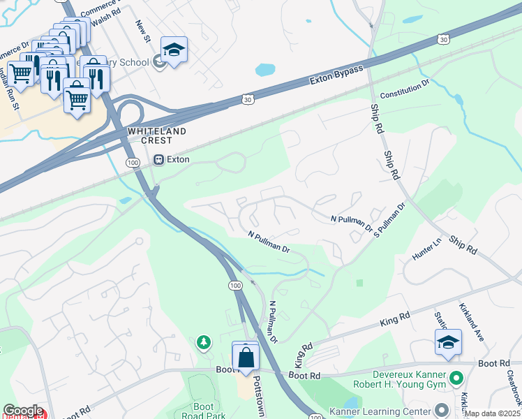 map of restaurants, bars, coffee shops, grocery stores, and more near 545 Astor Square in West Chester