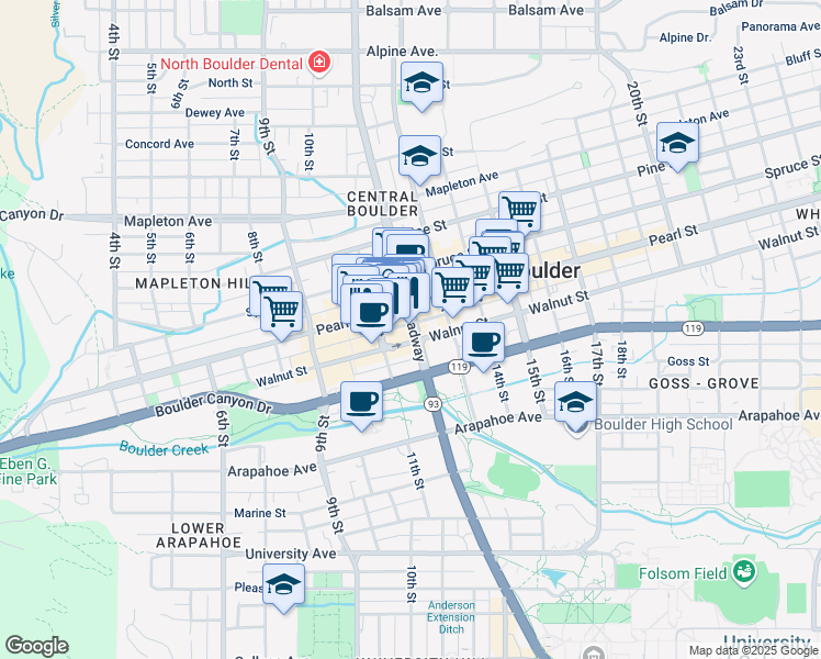 map of restaurants, bars, coffee shops, grocery stores, and more near 1911 Colorado 7 in Boulder