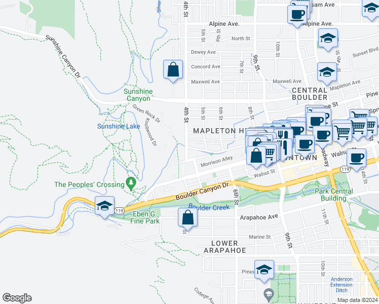 map of restaurants, bars, coffee shops, grocery stores, and more near 341 Spruce Street in Boulder
