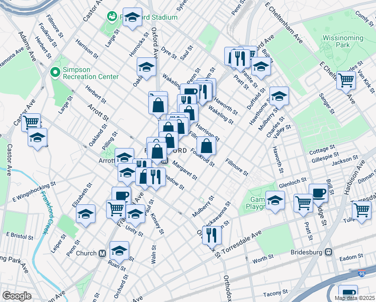 map of restaurants, bars, coffee shops, grocery stores, and more near 4727 Salem Street in Philadelphia
