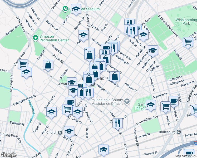 map of restaurants, bars, coffee shops, grocery stores, and more near 4727 Salem Street in Philadelphia