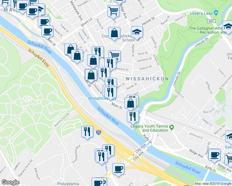 map of restaurants, bars, coffee shops, grocery stores, and more near in Philadelphia