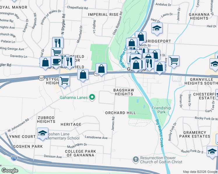 map of restaurants, bars, coffee shops, grocery stores, and more near 123 Creekside Green Drive in Gahanna