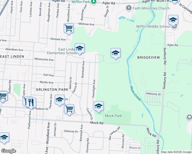 map of restaurants, bars, coffee shops, grocery stores, and more near 2338 Dawnlight Avenue in Columbus