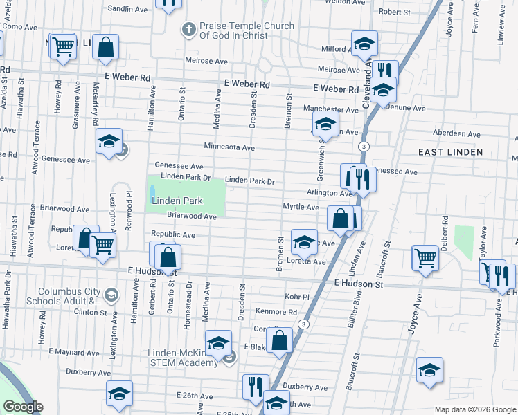 map of restaurants, bars, coffee shops, grocery stores, and more near 1481 Myrtle Avenue in Columbus