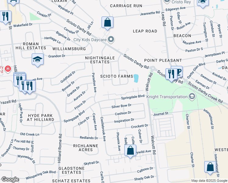 map of restaurants, bars, coffee shops, grocery stores, and more near 5072 Stoneybrook Boulevard in Hilliard