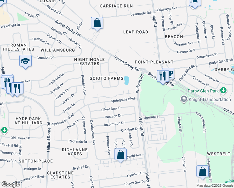 map of restaurants, bars, coffee shops, grocery stores, and more near 4950 Stoneybrook Boulevard in Hilliard