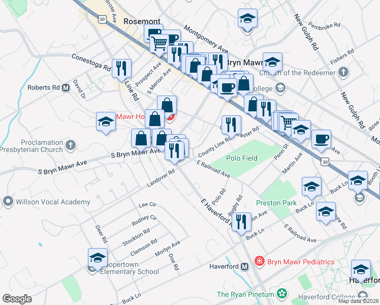 map of restaurants, bars, coffee shops, grocery stores, and more near 151 Pennsylvania Avenue in Bryn Mawr