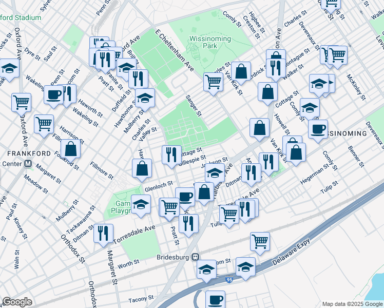 map of restaurants, bars, coffee shops, grocery stores, and more near 5267 Cottage Street in Philadelphia