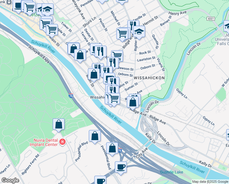 map of restaurants, bars, coffee shops, grocery stores, and more near 5113 Rochelle Avenue in Philadelphia