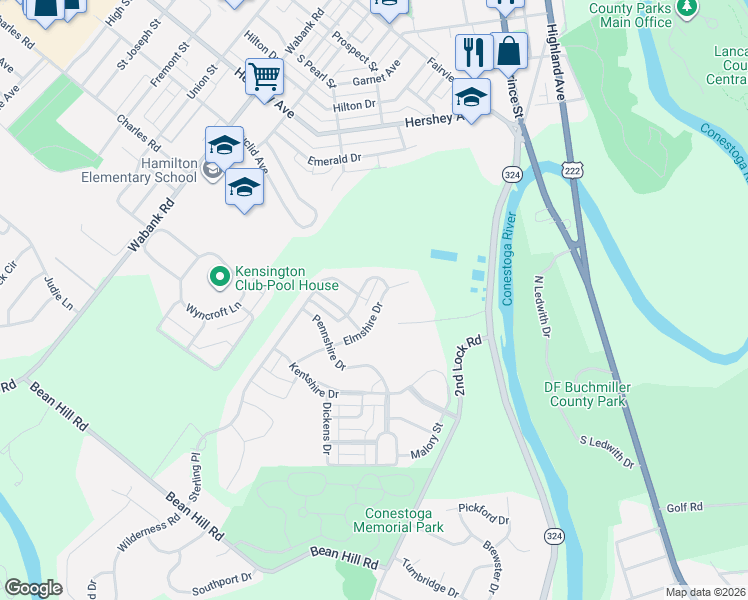 map of restaurants, bars, coffee shops, grocery stores, and more near 316 Elmshire Drive in Lancaster