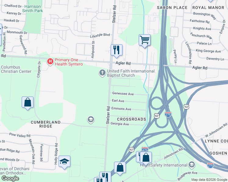 map of restaurants, bars, coffee shops, grocery stores, and more near 3708 Genessee Avenue in Columbus
