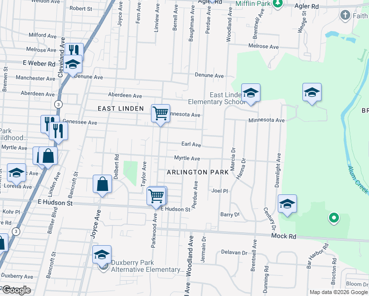 map of restaurants, bars, coffee shops, grocery stores, and more near 2080 Myrtle Avenue in Columbus