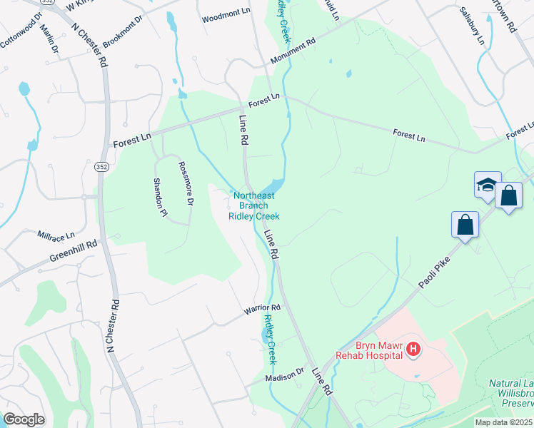 map of restaurants, bars, coffee shops, grocery stores, and more near 67 Line Road in Malvern