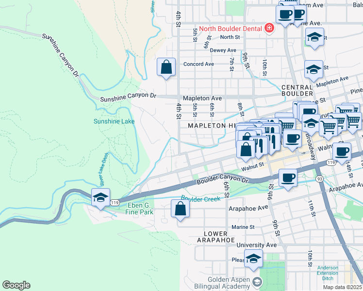 map of restaurants, bars, coffee shops, grocery stores, and more near 2110 4th Street in Boulder