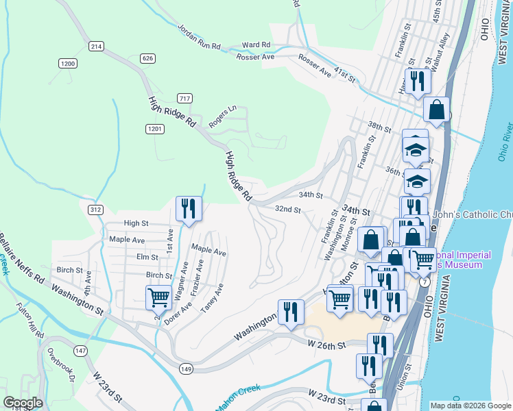 map of restaurants, bars, coffee shops, grocery stores, and more near 999 32nd St in Bellaire