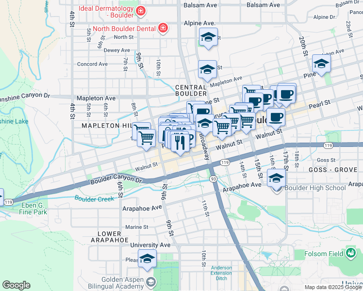 map of restaurants, bars, coffee shops, grocery stores, and more near in Boulder