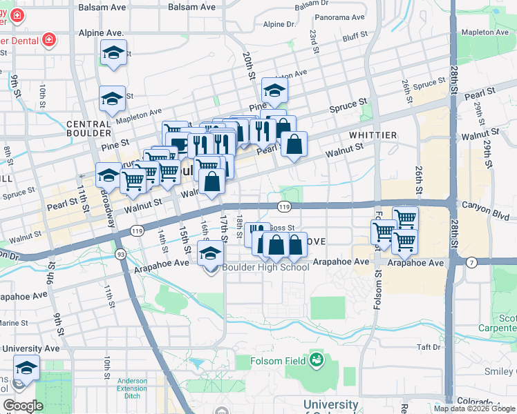 map of restaurants, bars, coffee shops, grocery stores, and more near Canyon Boulevard & 19th Street in Boulder