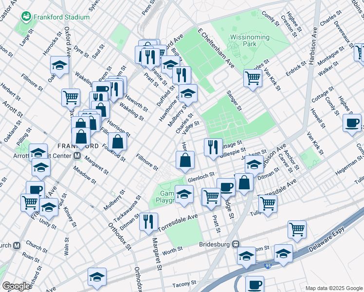map of restaurants, bars, coffee shops, grocery stores, and more near 1874 Haworth Street in Philadelphia