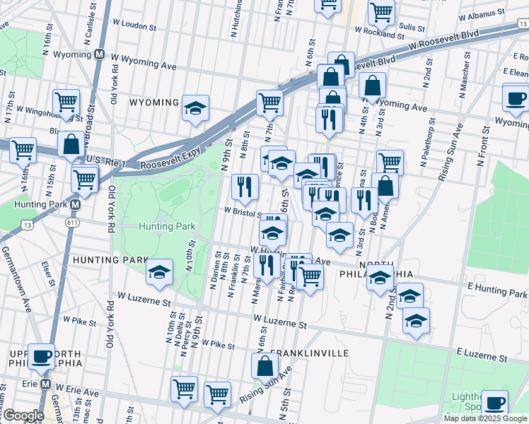map of restaurants, bars, coffee shops, grocery stores, and more near 631 West Bristol Street in Philadelphia