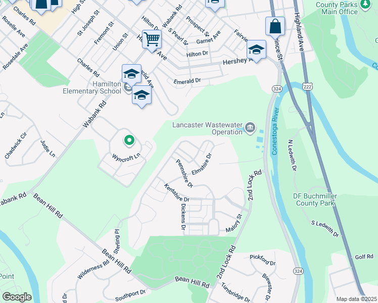 map of restaurants, bars, coffee shops, grocery stores, and more near 213 Perthshire Drive in Lancaster