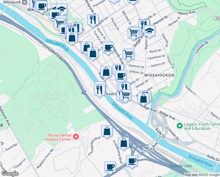 map of restaurants, bars, coffee shops, grocery stores, and more near 3742 Main Street in Philadelphia