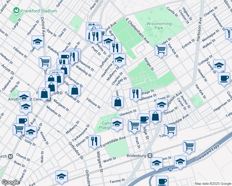 map of restaurants, bars, coffee shops, grocery stores, and more near 1874 Haworth Street in Philadelphia