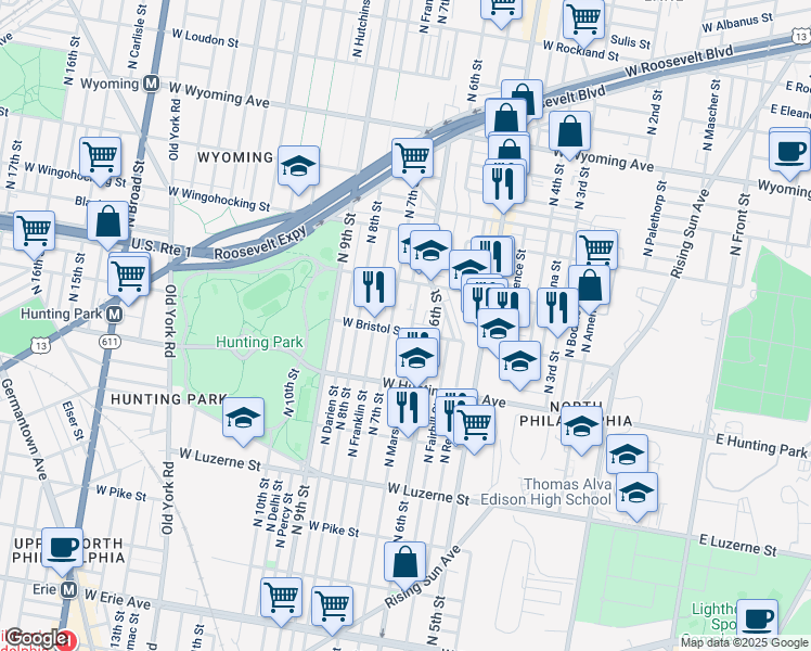 map of restaurants, bars, coffee shops, grocery stores, and more near 631 West Bristol Street in Philadelphia
