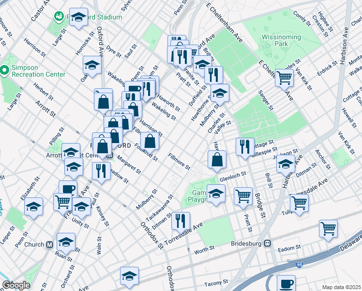 map of restaurants, bars, coffee shops, grocery stores, and more near 1727 Harrison Street in Philadelphia