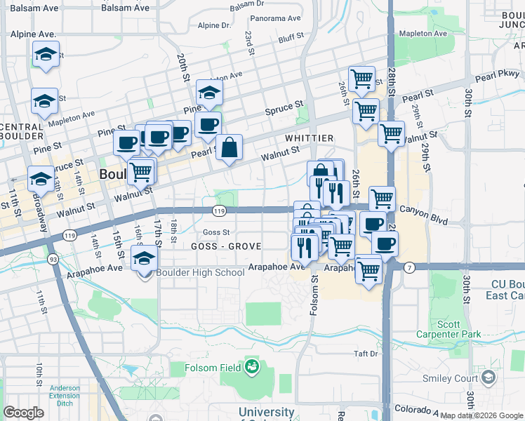 map of restaurants, bars, coffee shops, grocery stores, and more near Canyon Blvd & 22nd St in Boulder