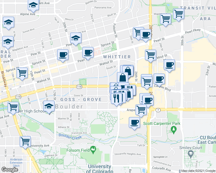 map of restaurants, bars, coffee shops, grocery stores, and more near Canyon Boulevard & 23rd Street in Boulder